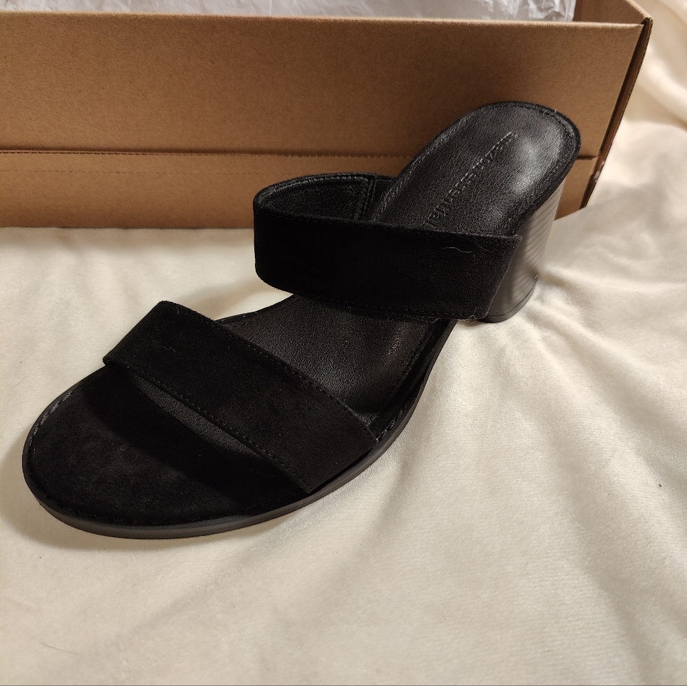 Two strap heeled slide sandal- Black suede